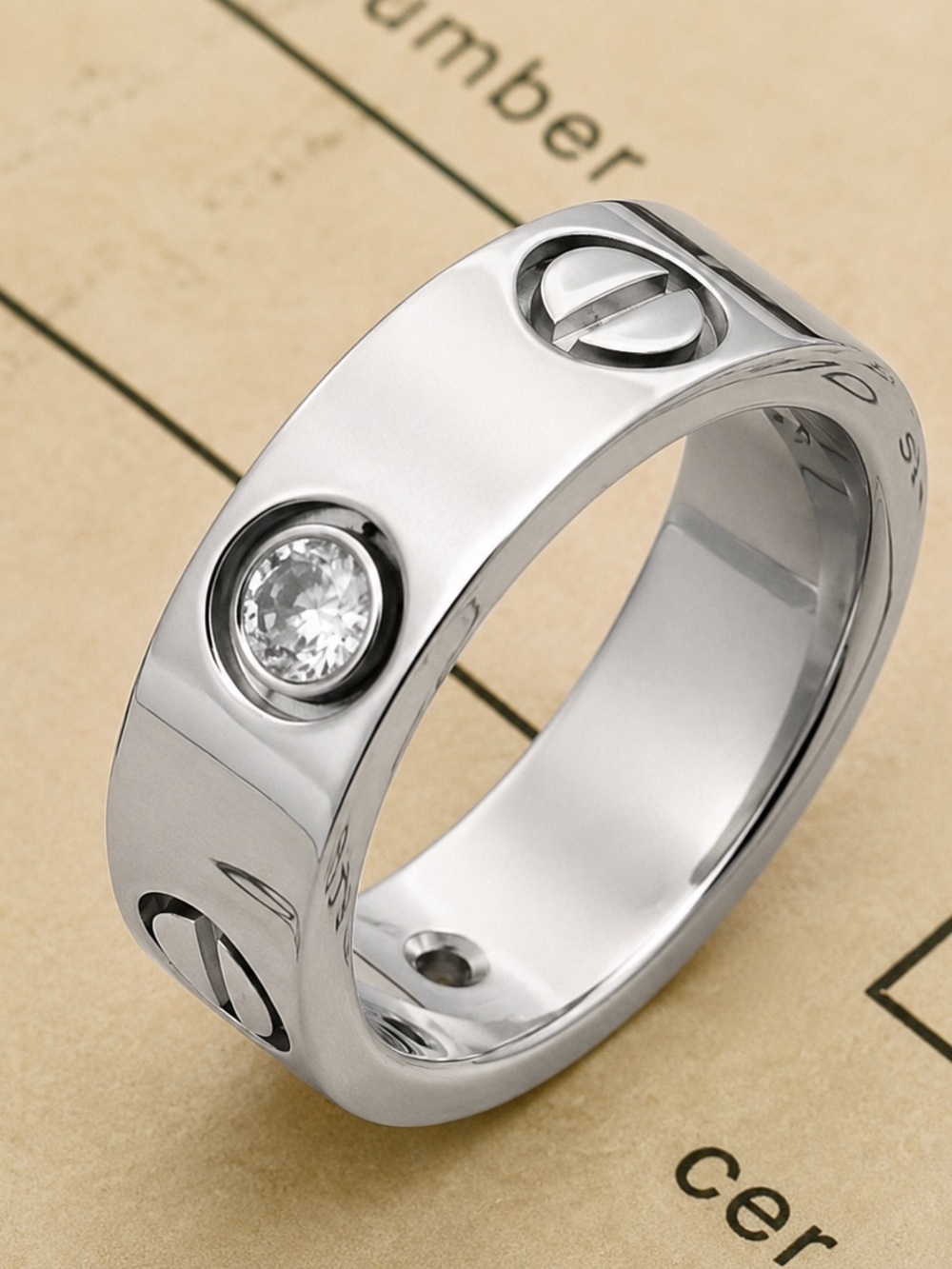 Stainless Steel Silver Wide Band Ring With Stones